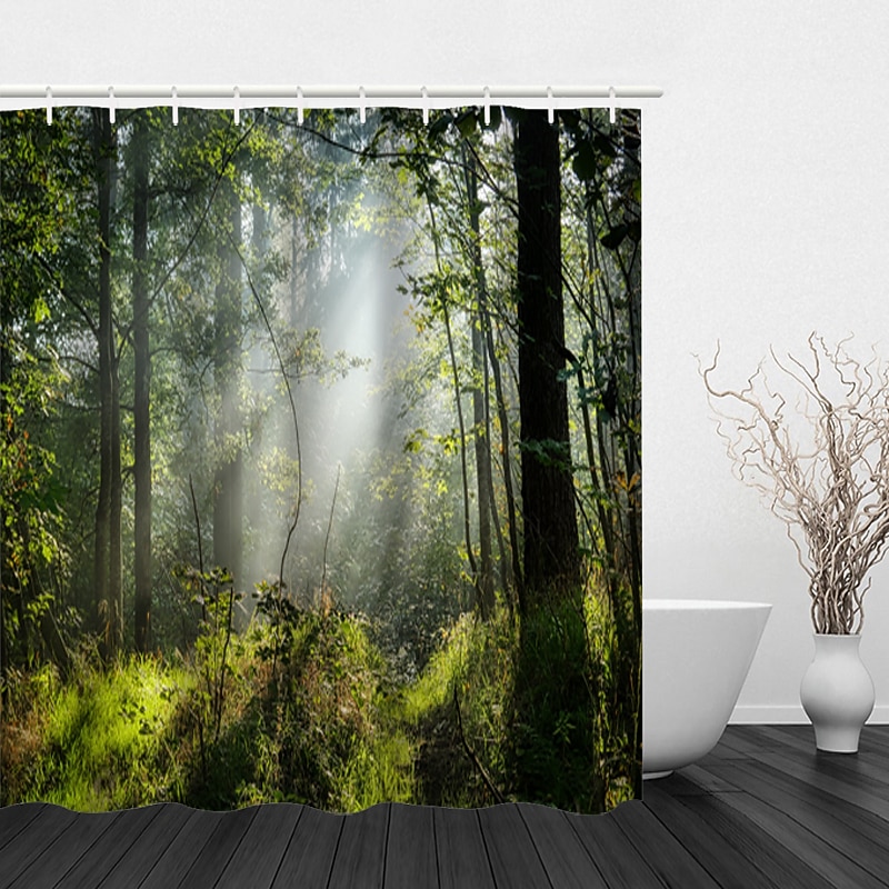 Shower Curtain with Hooks 180cm*180cm(70"*70") Polyester Washable Waterproof Sunshine Forest Landscape Pattern 13