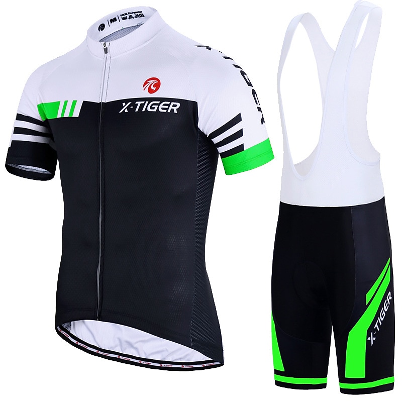 Men's Short Sleeve Cycling Jersey with Bib Shorts Summer Spandex Polyester Green Red Blue Stripes Bike Clothing Suit 3D Pad Breathable Quick Dry Reflective Strips Sports Stripes Mountain Bike MTB2