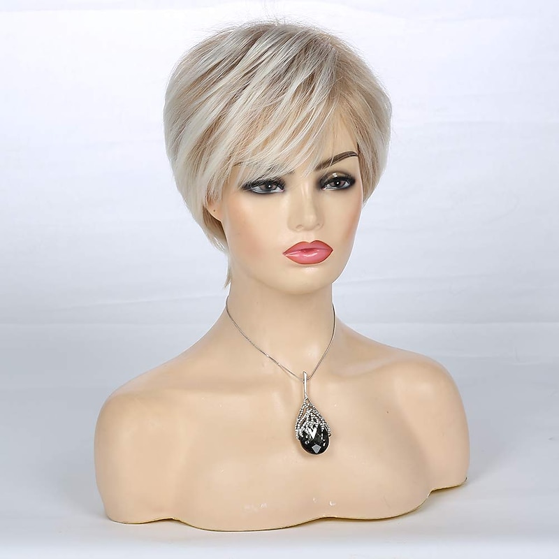 Women's Cropped Layered Blonde Wig Synthetic Heat Resistant Halloween Cosplay Pixie Costume Wig Strap3