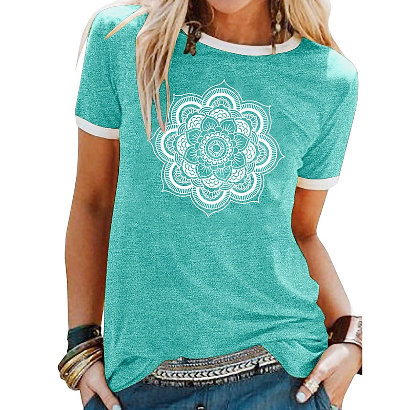 Women's T Shirt Floral Graphic Mandala Basic Short Sleeve Round Neck Regular Tops Daily Weekend Patchwork Print Black Yellow Blue Purple Green Spring, Fall, Winter, Summer4