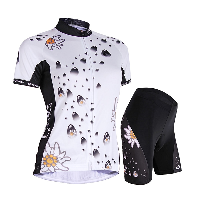 Women's Short Sleeve Cycling Jersey with Shorts Summer Nylon Elastane Polyester White Black Floral Botanical Funny Bike Shorts Jersey Padded Shorts / Chamois Waterproof 3D Pad Breathable Ultraviolet2