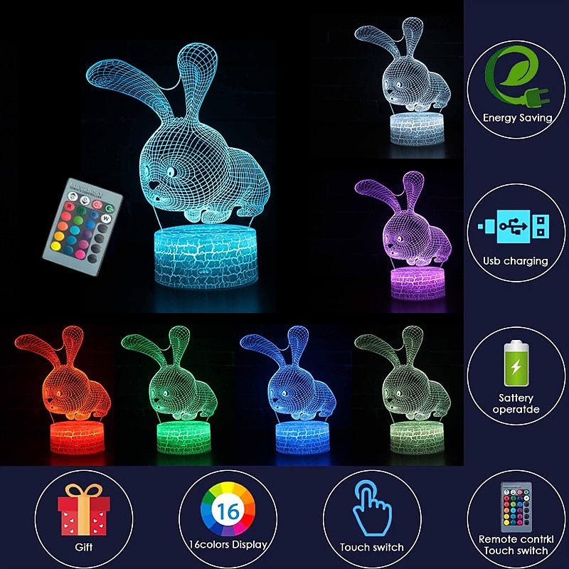 Easter Rabbit Lights 3D Illusion Lamps 16 Color Changing Touch Table Desk LED Night Light Great Gifts for Kids2