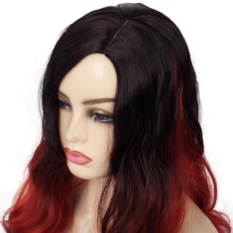 Black to Red Wig Women Long Wavy Wig Side Color Synthetic Heat Resistant Wig for Everyday Party Costume Halloween Christmas Party Wigs4