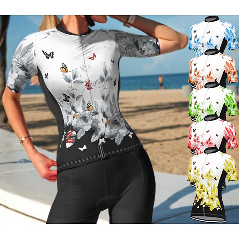 Women's Cycling Jersey Butterfly Floral Botanical Flower Short Sleeve Bike Jersey Top with 3 Rear Pockets Mountain Bike MTB Road Bike Cycling Fast Dry Quick Dry Soft Reflective Strips Sports White