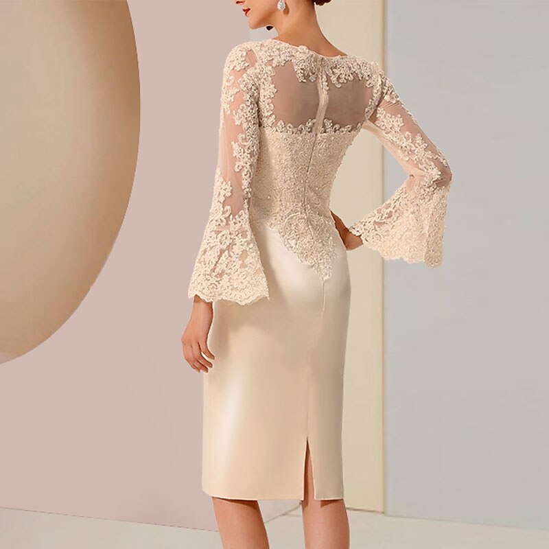 Beach Wedding Sheath Gold Dresses Mother of the Bride Dress Elegant Vintage Luxurious Jewel Neck Knee Length Satin Lace Long Sleeve with Appliques dress Race Day Dress4
