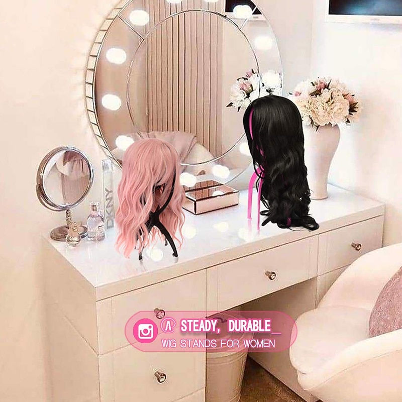 4 Pack Wig Stands for Multiple Wigs, 14inch Portable Collapsible Durable Wig Holder Wig Dryer and Wig Display Tool for Women (2 Black And 2 Pink)3