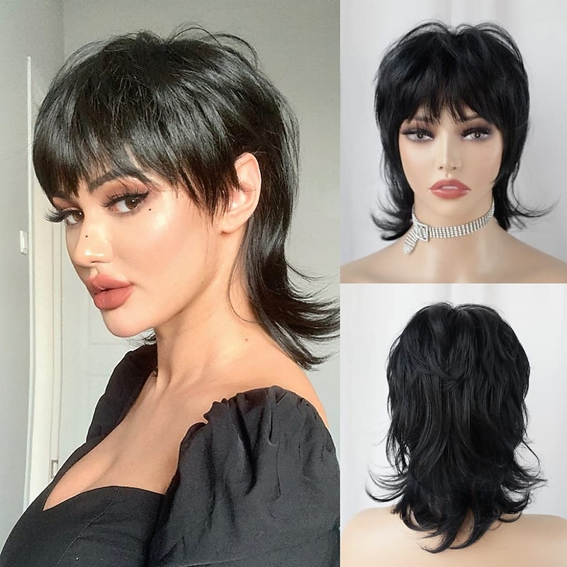 Piexie Cut Wigs for Women Short Black Wig StrRid Shaggy Layered 80's Mullet Wig Pixie Cut Wig with Bangs Curly Synthetic Natural Hair Replacement Wig for White Women Party Christmas Party Wigs