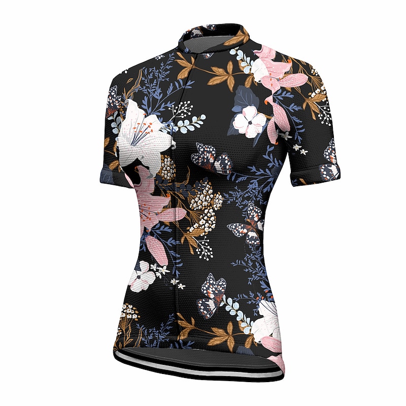 Women's Cycling Jersey Floral Botanical Short Sleeve Bike Jersey Top with 3 Rear Pockets Mountain Bike MTB Road Bike Cycling Quick Dry Reflective Strips Back Pocket Moisture Wicking Sports Black White3