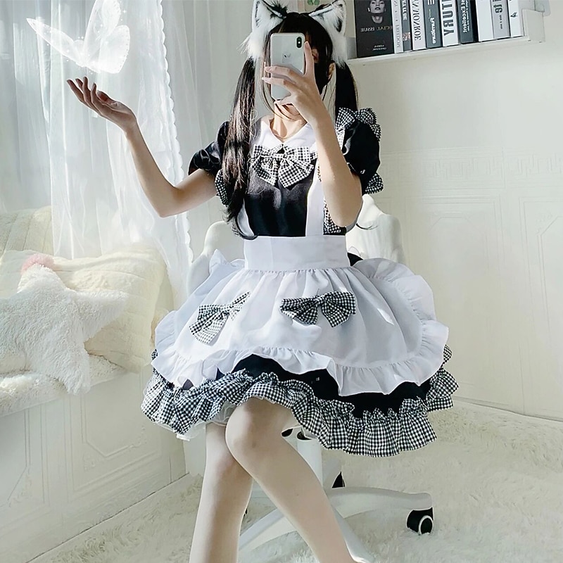 Lolita Sweet Lolita Plus Size Casual Lolita Dress Maid Suits Women's Japanese Cosplay Costumes Black Solid Color Short Sleeve / Apron / Apron2
