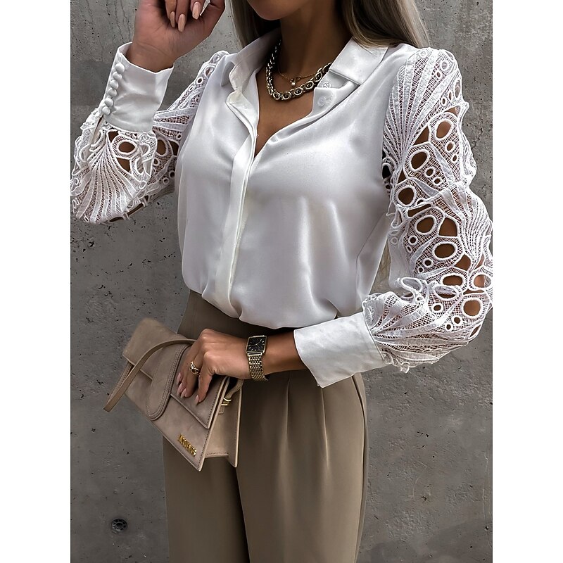 Women's Shirt Blouse White Eyelet Tops Black White Plain Lace Button Long Sleeve Daily Weekend Streetwear Casual Shirt Collar Regular S2