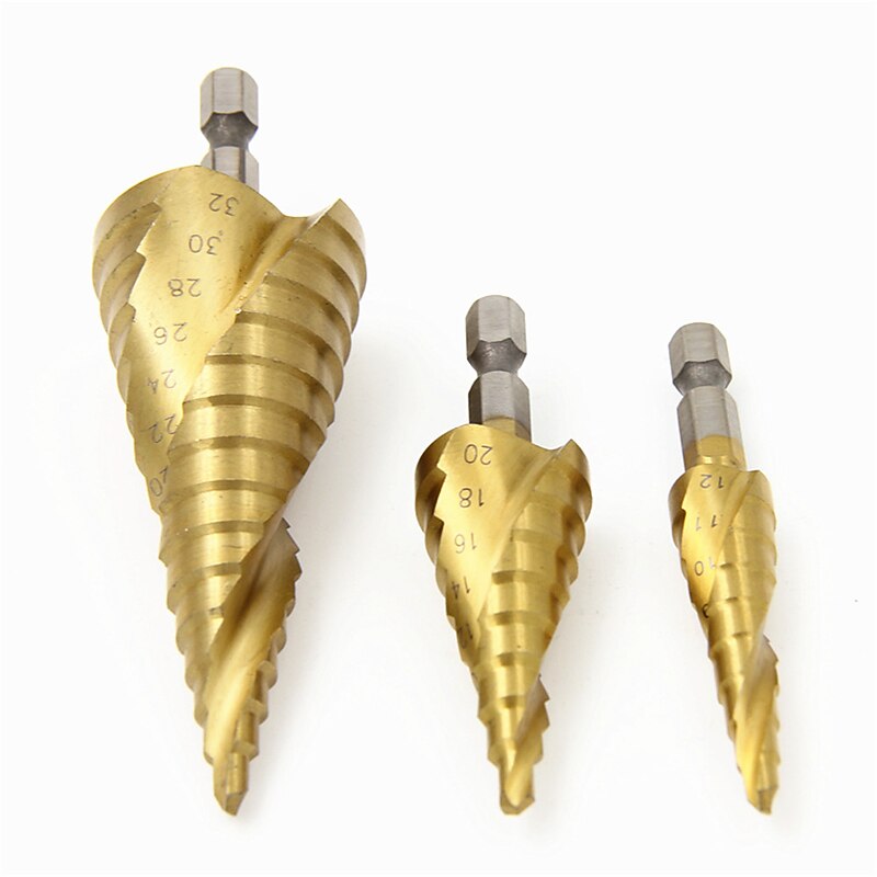 Step Drill Bits Nylon Bag Packing 3pcs HSS Spiral Grooved Core Cone 1/4 Hex Shank 4mm To 12mm 20mm 32mm Chamfer Hole Cut Cutter4