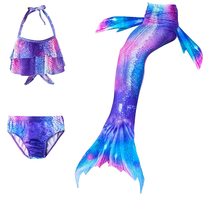 Kids Girls' Three Piece Mermaid Swimwear Bikini Bikini Swimming Children's Day Rainbow Cute Sexy Bathing Suits 3-10 Years Summer Purple