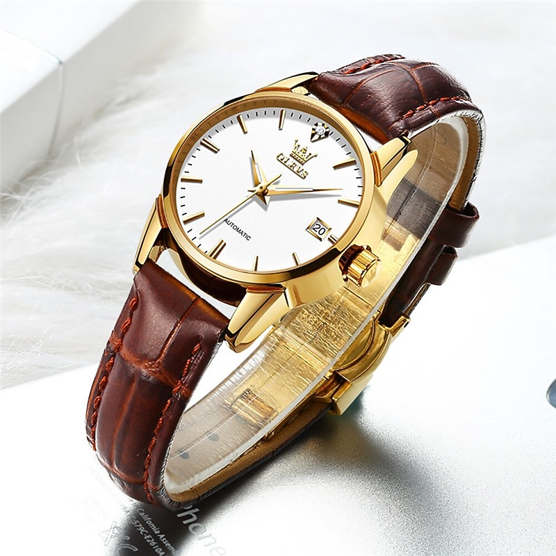 OLEVS Women Mechanical Watch Calendar Waterproof Noctilucent Genuine Leather Watch