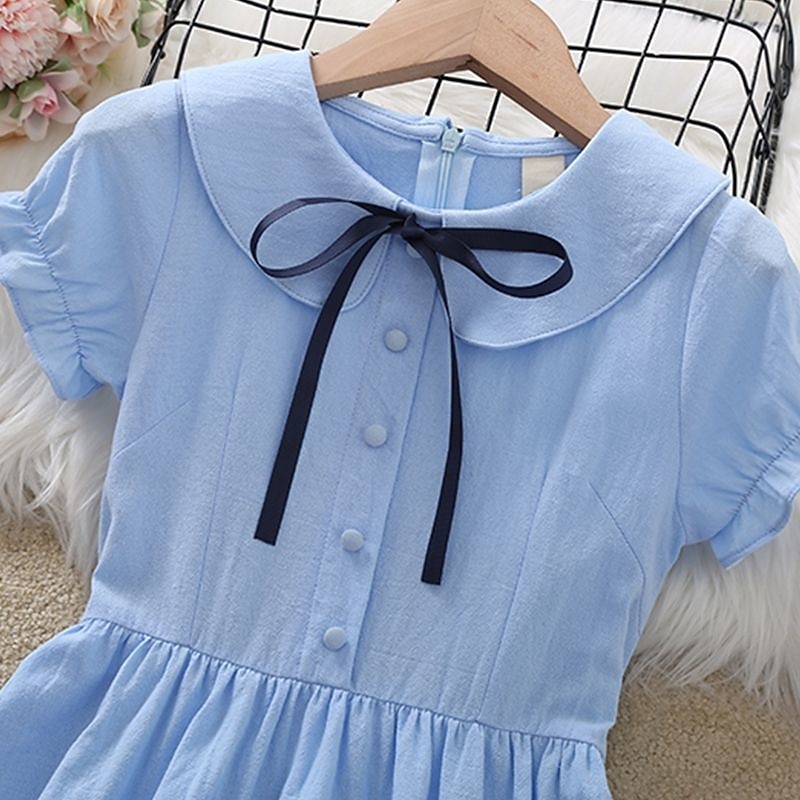 Kids Girls' Dress Solid Colored Short Sleeve School Sports & Outdoor Daily Puff Sleeve Print Basic 90% Cotton Knee-length Summer 3-10 Years Pink Blue3