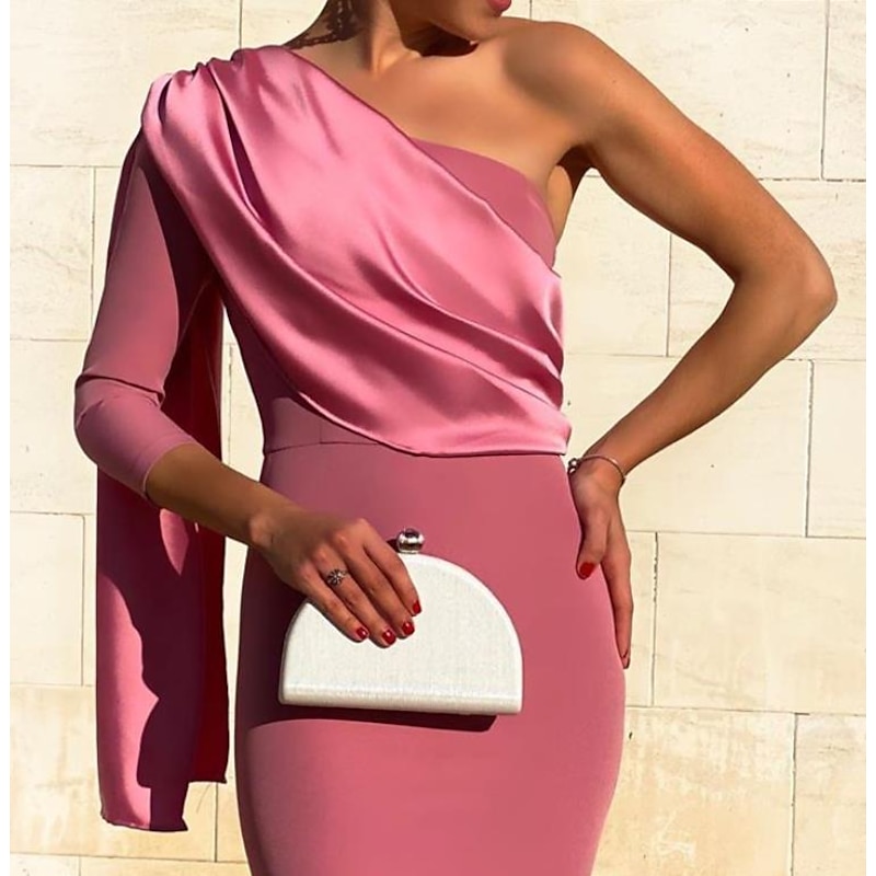 Sheath Cocktail Dresses Elegant Dress Wedding Guest Cocktail Party Knee Length 3/4 Length Sleeve One Shoulder Stretch Fabric with Draping Dresses4