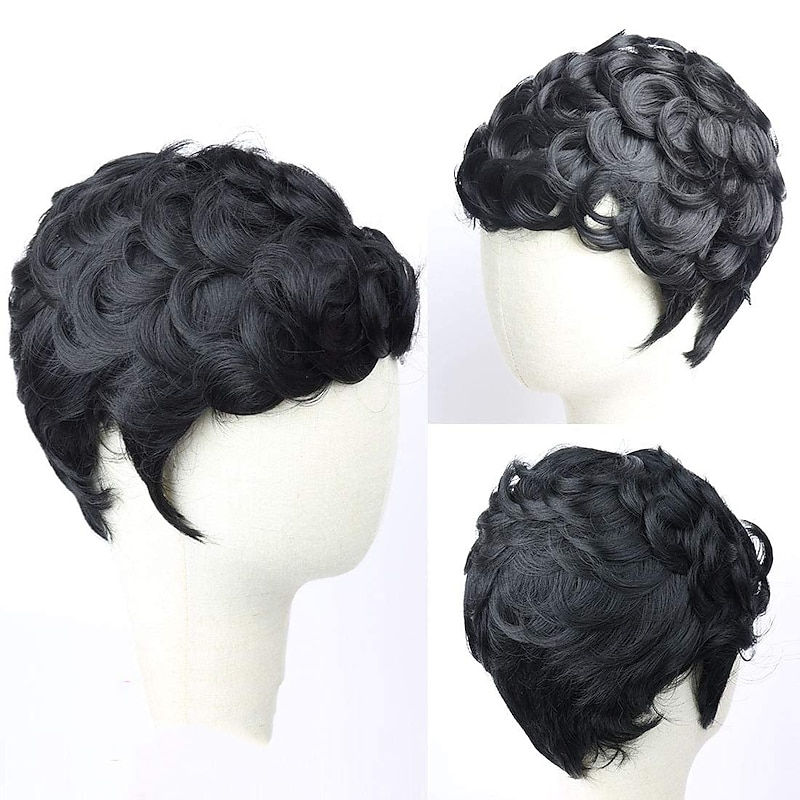 Short Hair Wigs Wavy Short Pixie Wigs Pixie Cut Wigs for Women Fluffy Natural Synthetic Wigs Bangs Black Daily Party4