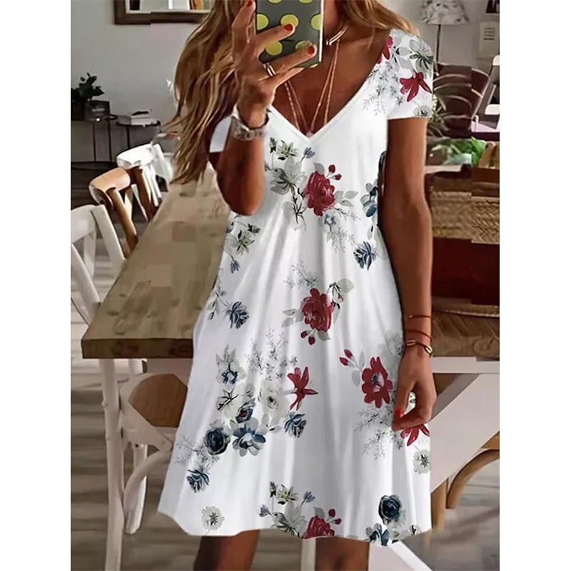 Women's Mini Dress Petite Dress T Shirt Dress Tee Dress Sundress A Line Dress Cute Outdoor Vacation Birthday Regular Fit Floral Short Sleeve V Neck Black White Pink Wine Summer