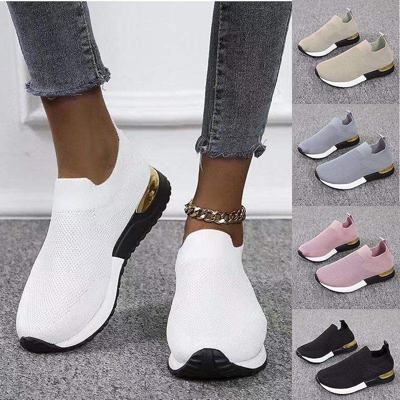 Women's Black Knit Slip-On Sneakers – Stylish Casual Shoes with Gold Heel Accent, Lightweight and Comfortable for Daily Wear