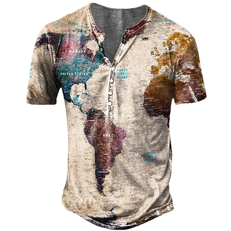 Men's Map Graphic Prints T Shirt Henley Shirt Short Sleeve 3D Print Vintage Sports Fashion Outdoor Street Daily Summer Blue Green Rainbow Light Blue Henley Henley T-Shirt4