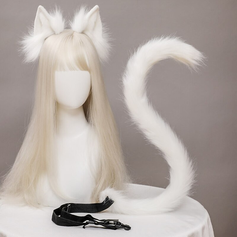 Cat Ear With Tail Suit Animal Anime Faux Fur Kitten Ears Headband Kawaii Cat Faux Fur Plush Headdress Hair Hoop Lolita Carnival Cosplay Costume Party Headpiece