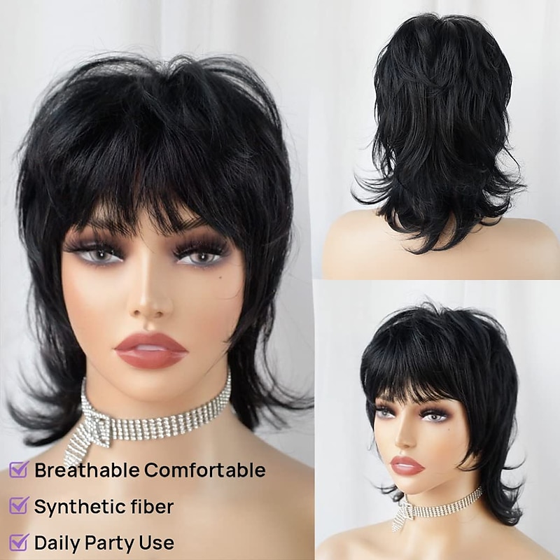 Piexie Cut Wigs for Women Short Black Wig StrRid Shaggy Layered 80's Mullet Wig Pixie Cut Wig with Bangs Curly Synthetic Natural Hair Replacement Wig for White Women Party Christmas Party Wigs3