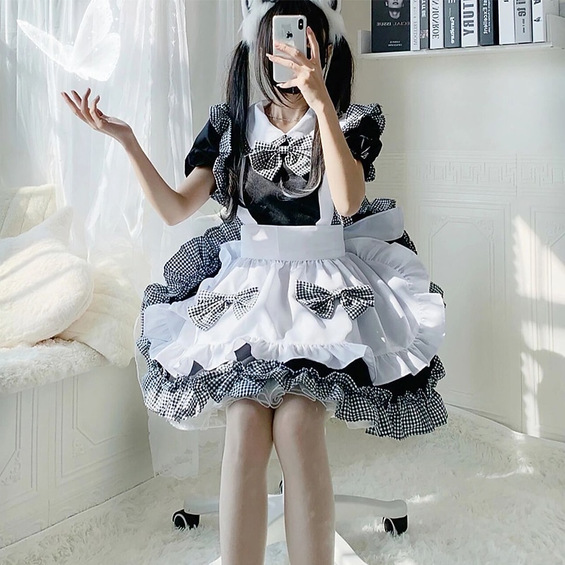 Lolita Sweet Lolita Plus Size Casual Lolita Dress Maid Suits Women's Japanese Cosplay Costumes Black Solid Color Short Sleeve / Apron / Apron3
