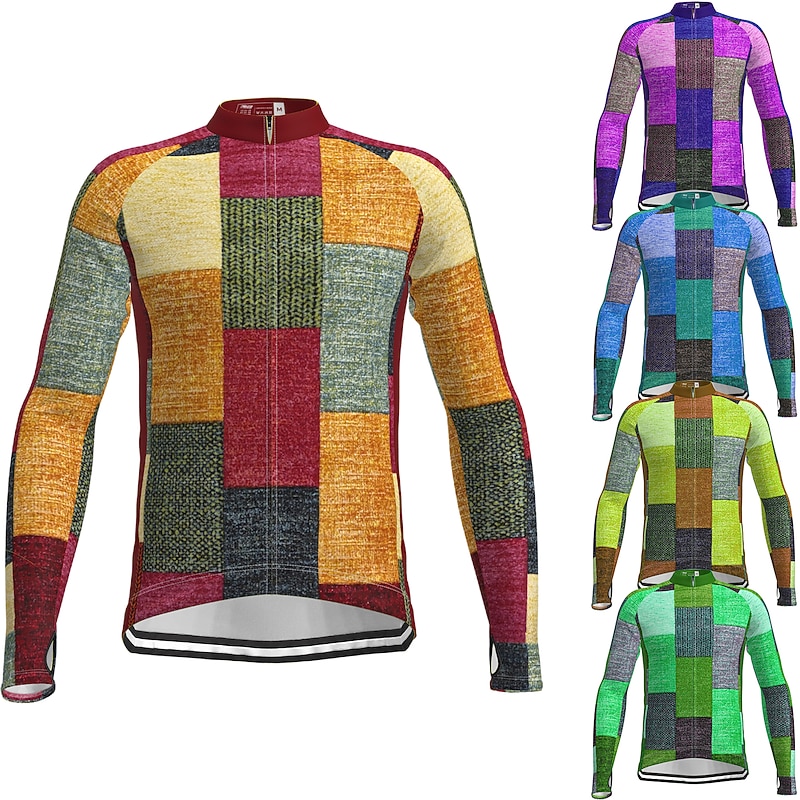 Men's Cycling Jersey Graphic Color Block Plaid Checkered Long Sleeve Bike Jersey Top with 3 Rear Pockets Mountain Bike MTB Road Bike Cycling Quick Dry Reflective Strips Back Pocket Moisture Wicking