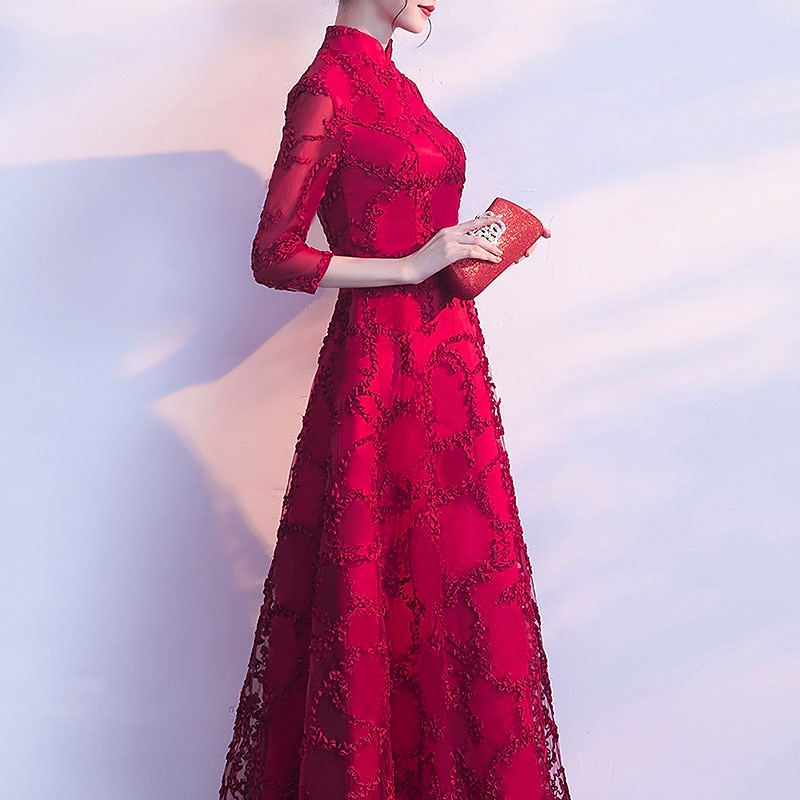 A-Line Evening Gown Vintage Dress Wedding Guest Prom Floor Length 3/4 Length Sleeve Stand Collar Tulle with Pleats Appliques4