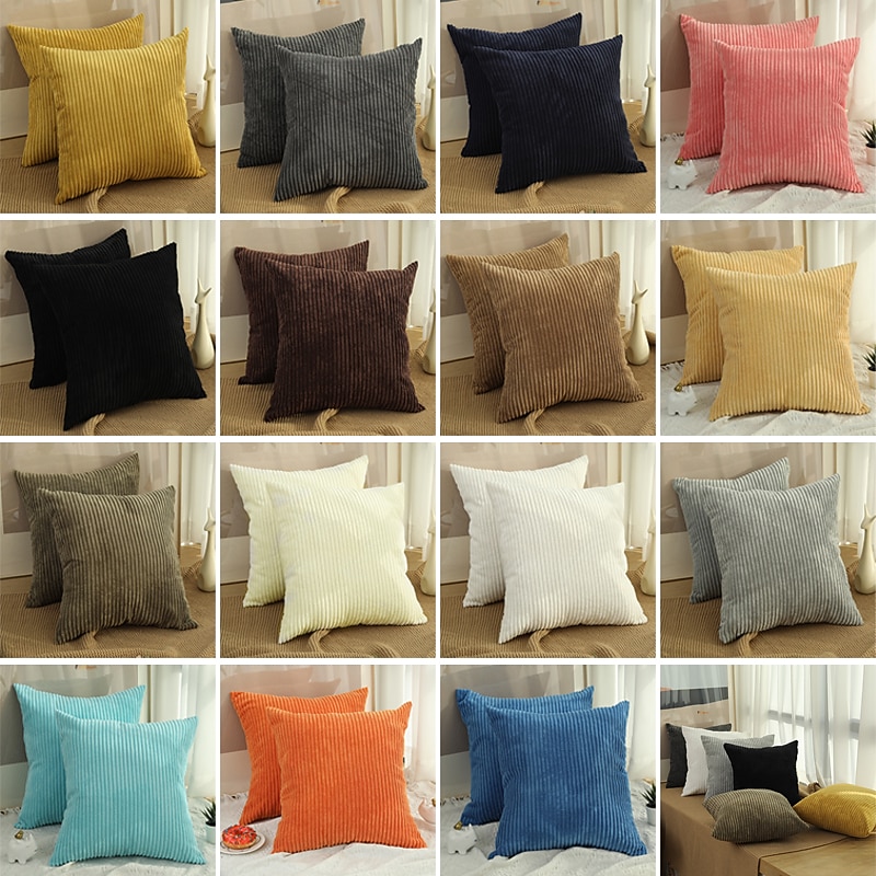 Decorative Toss Pillows 1pc Plain Corduroy Simple Corn Strip Pillow Cover Pure Color Plush Pillow Multi-color Sofa Hugging Pillow Case Pink Blue Sage Green Purple Yellow2