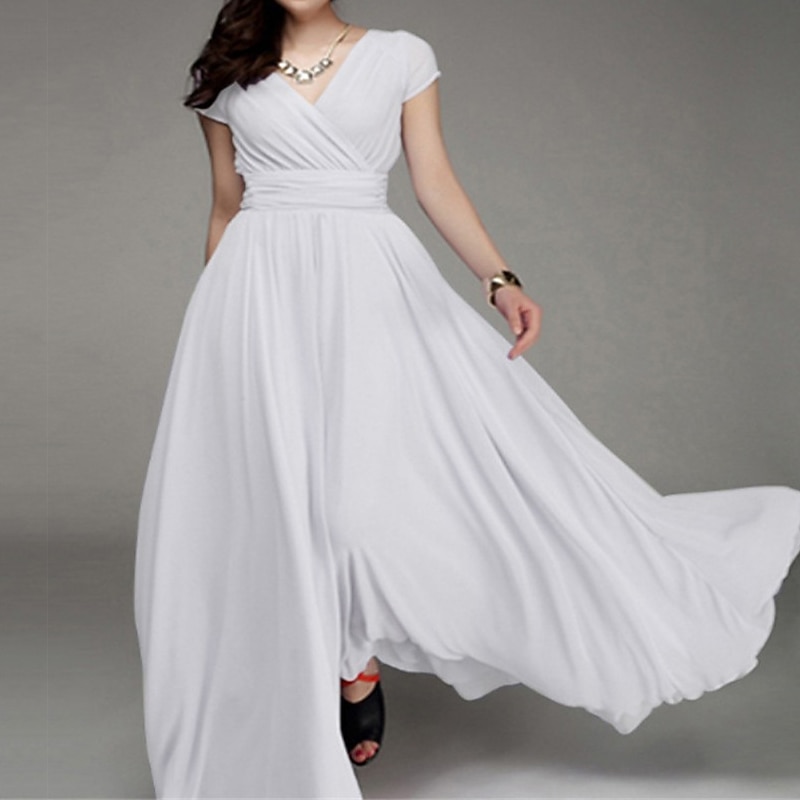 Women's Long Dress Maxi Dress Party Dress Casual Dress Swing Dress Modern Elegant Dress Wedding Guest Daily Date Slim Pure Color Short Sleeve V Neck Black White Yellow Wine Summer Spring2