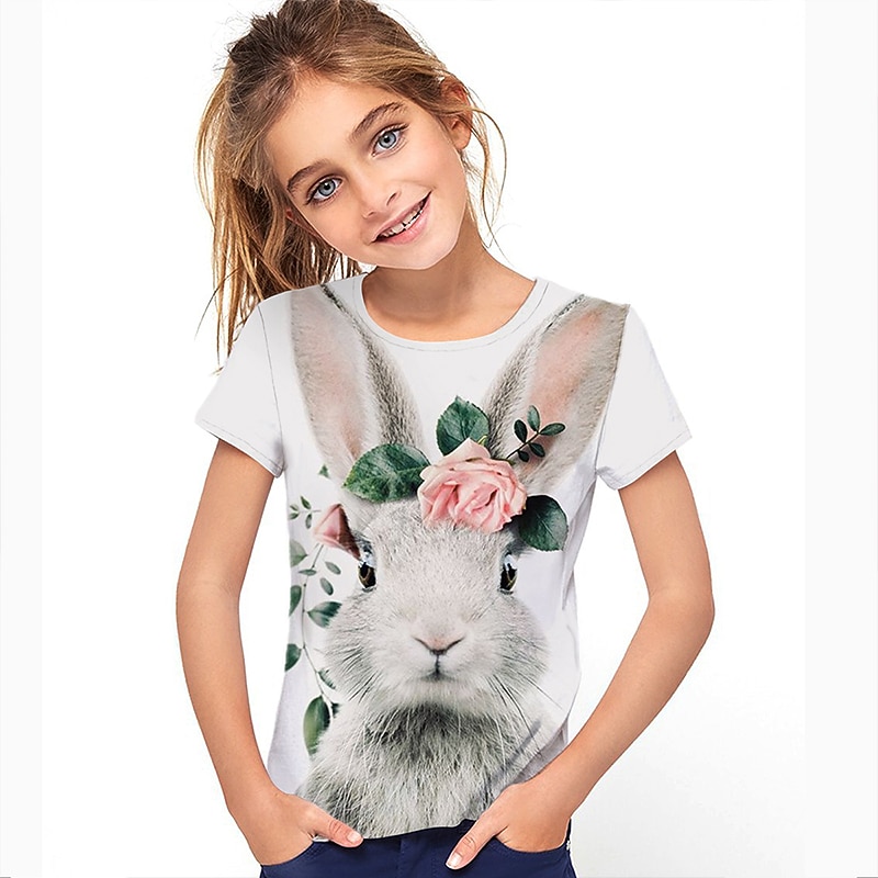 Easter Girls' 3D Floral Animal Rabbit T shirt Short Sleeve 3D Print Summer Spring Active Fashion Cute Kids 3-12 Years Outdoor Daily Indoor Regular Fit3