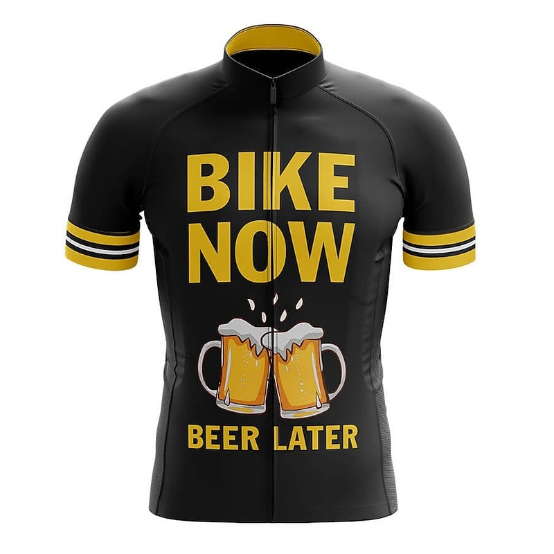 Men's Cycling Jersey Funny Beer Short Sleeve Bike Jersey Top with 3 Rear Pockets Mountain Bike MTB Road Bike Cycling Quick Dry Reflective Strips Back Pocket Moisture Wicking Sports Black Yellow Navy