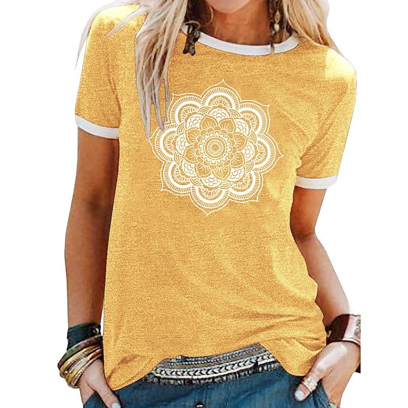 Women's T Shirt Floral Graphic Mandala Basic Short Sleeve Round Neck Regular Tops Daily Weekend Patchwork Print Black Yellow Blue Purple Green Spring, Fall, Winter, Summer3