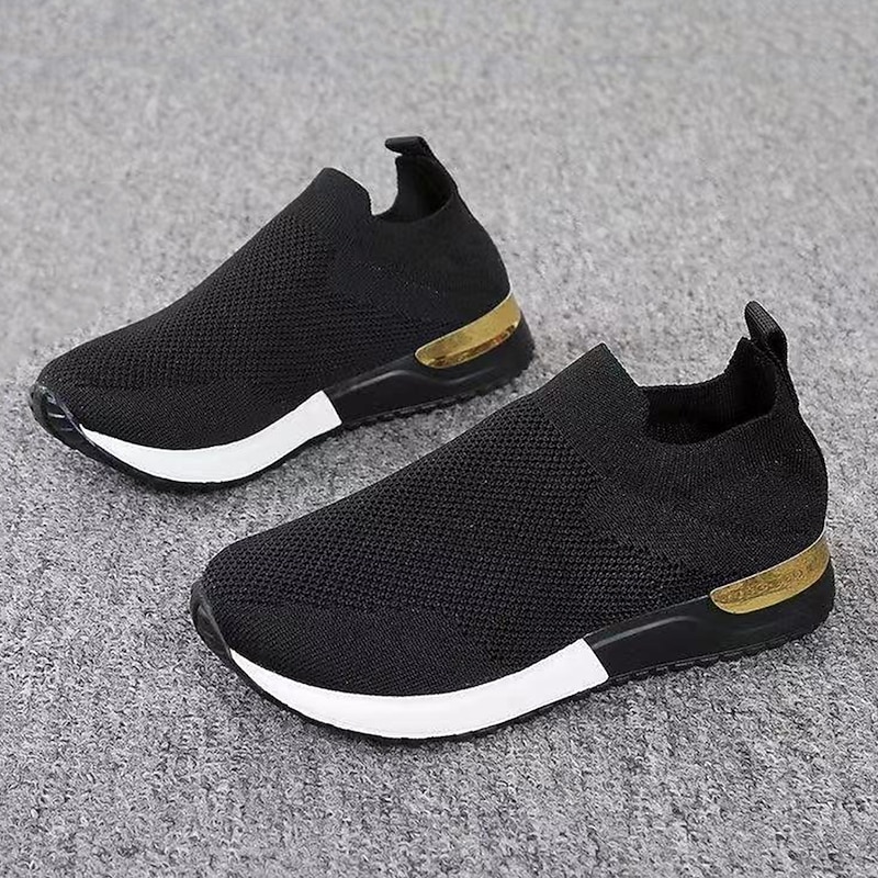 Women's Black Knit Slip-On Sneakers – Stylish Casual Shoes with Gold Heel Accent, Lightweight and Comfortable for Daily Wear3