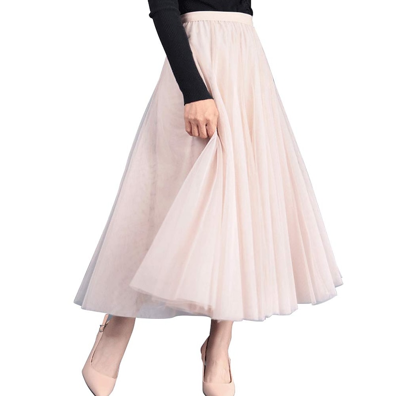 Women's Skirt Tutu Midi Skirts Tulle Chiffon Print Solid Colored Birthday Party Casual Daily Spring & Summer Preppy Black White Pink Camel3