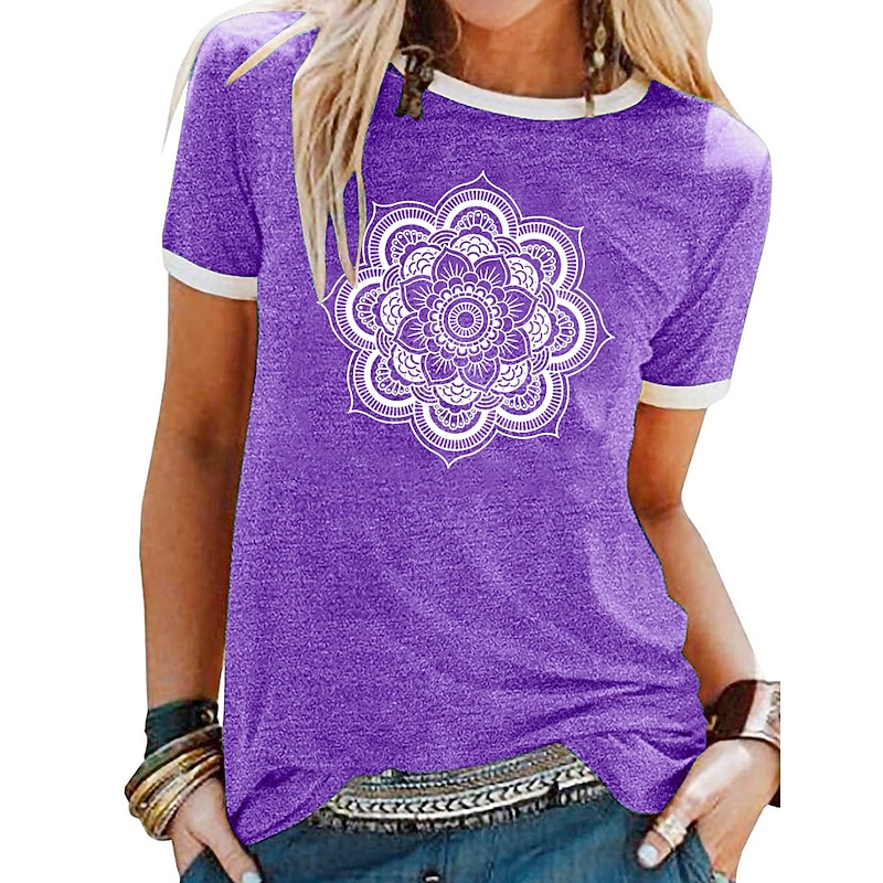 Women's T Shirt Floral Graphic Mandala Basic Short Sleeve Round Neck Regular Tops Daily Weekend Patchwork Print Black Yellow Blue Purple Green Spring, Fall, Winter, Summer2