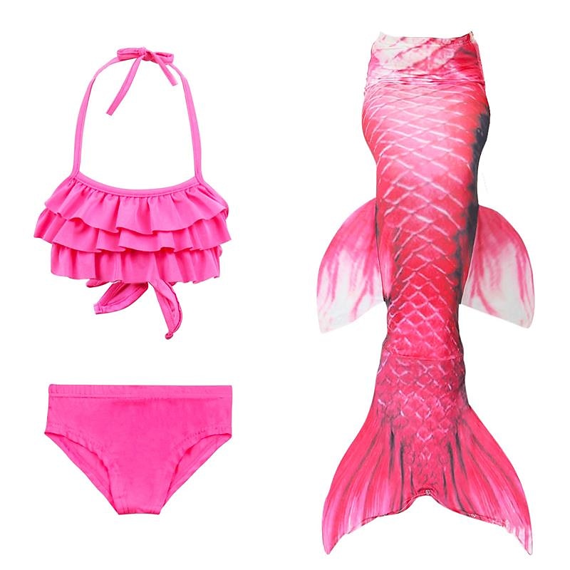Kids Girls' Three Piece Mermaid Swimwear Swimwear Bikini Bikini Swimming Children's Day Color Block Cute Sexy Print Bathing Suits 3-10 Years Summer Red3