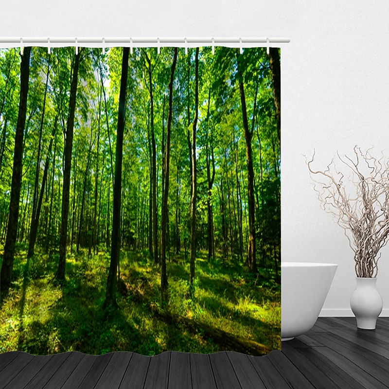 Shower Curtain with Hooks 180cm*180cm(70"*70") Polyester Washable Waterproof Sunshine Forest Landscape Pattern 10