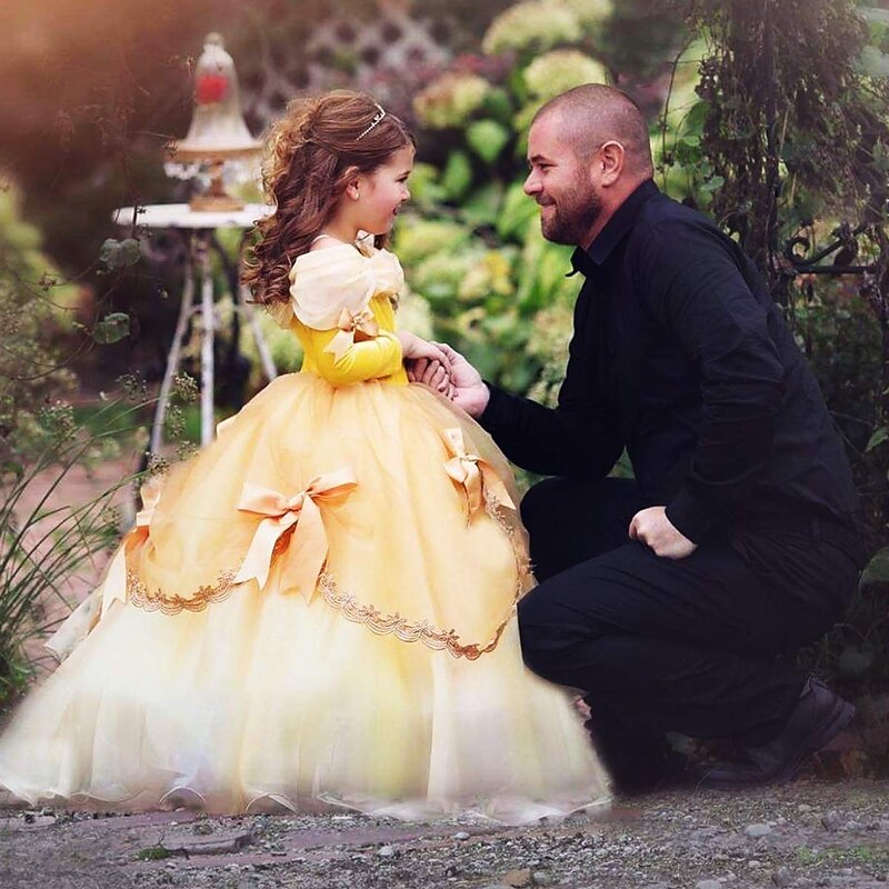 Kids Girls' Beauty And The Beast Princess Belle Costume Dress Cartoon Layered Ruched Lace Yellow Maxi Short Sleeve Cute Dresses Regular Fit3