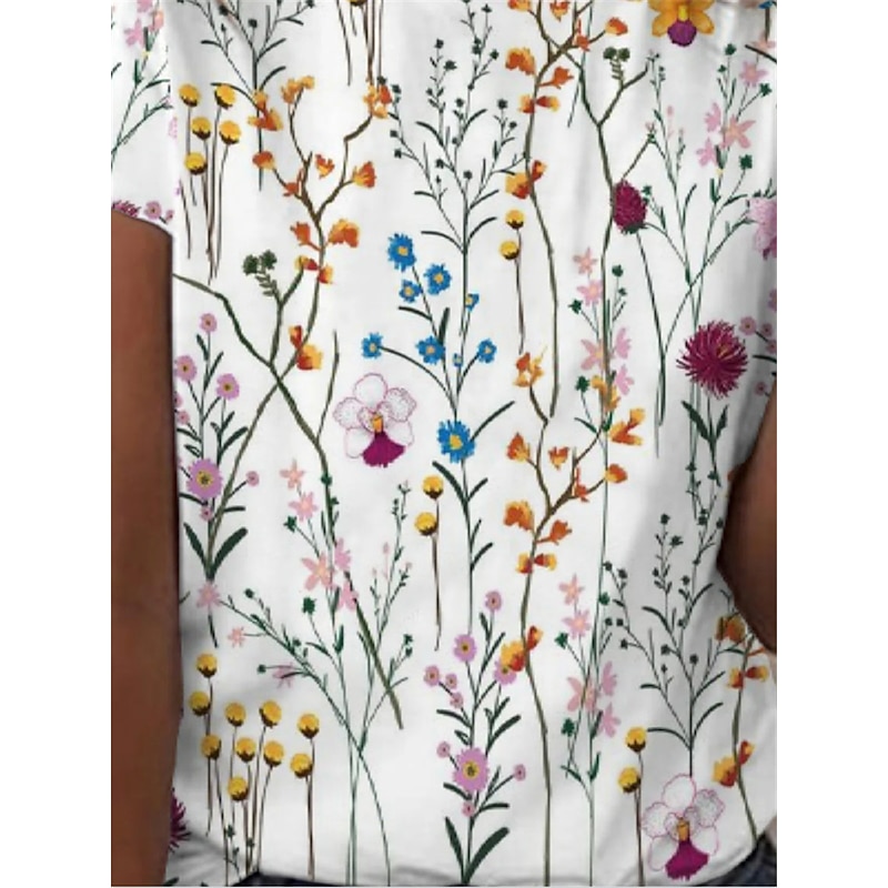Women's T Shirt Basic Floral Patchwork Print Short Sleeve Regular Tops Round Neck Casual Daily Holiday White4