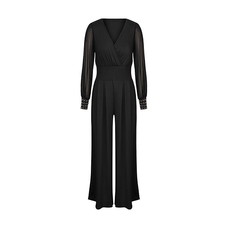 Women's Jumpsuit High Waist Mesh Solid Color V Neck Elegant Party Daily Wide Leg Slim Long Sleeve Black Wine S M L Fall3