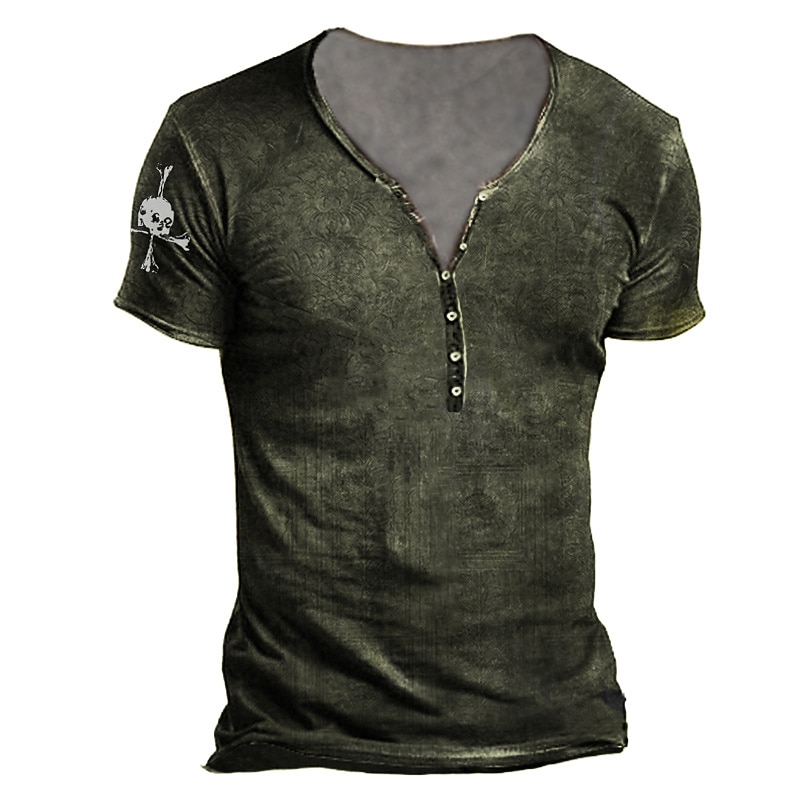 Men's T shirt Tee Henley Shirt Skull Graphic Prints Henley Black Army Green Brown Khaki 3D Print Outdoor Casual Short Sleeve Button-Down Print Clothing Apparel Stylish Lightweight Vintage Breathable2