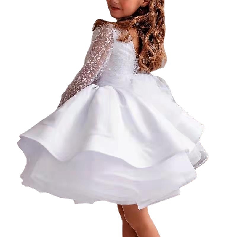 Flower Girl Dress Girls' Dress First Communion Dress Performance Wedding Party Princess Sweet Ruched Mesh Polka Dot Long Sleeve Crew Neck Type A Type B 3-12 Years3