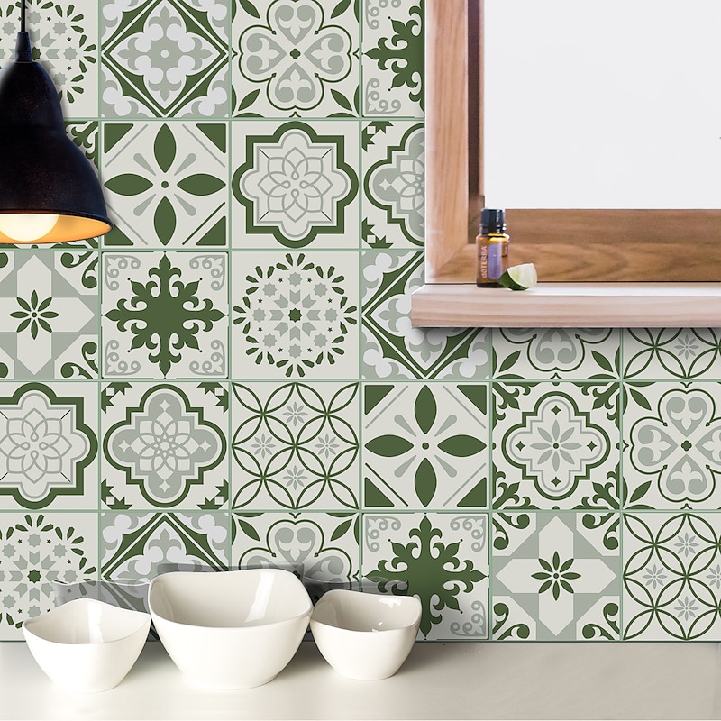 10PCS Kitchen Thickened Green Tile Stickers Self-adhesive Paper Green Tile Tile Sticker Bathroom Oil-proof Waterproof Removable Wall Sticker Floor Sticker2