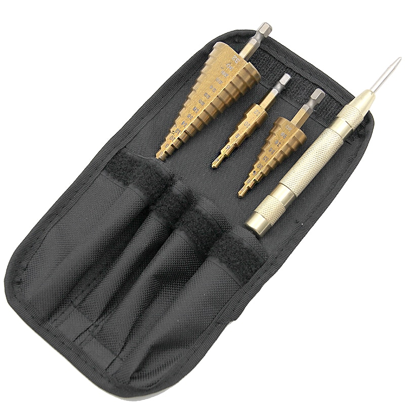 Nylon Bag Packing 3pcs HSS Straight Grooved Core Cone Step Drill With Center Punch Bits1/4 Hex Shank 4mm To 12mm 20mm 32mm Chamfer Hole Cut Cutter