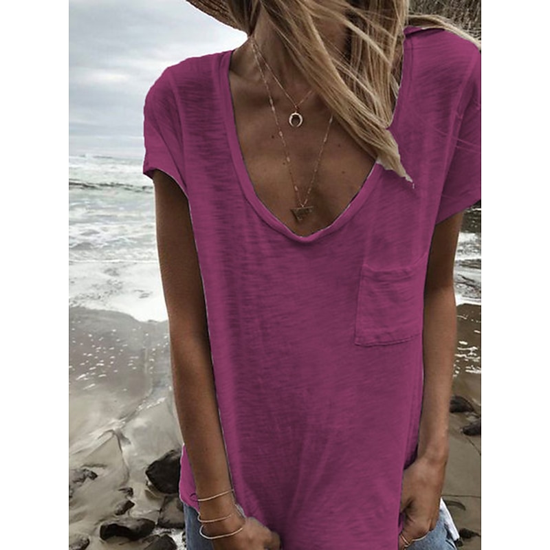 Women's T Shirt Plain Basic Short Sleeve V Neck Regular Tops Casual Weekend Pocket White Red Royal Blue Khaki Gray4