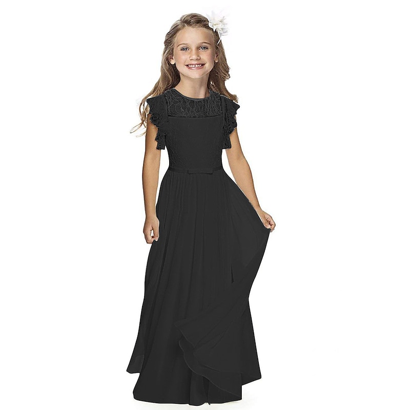 Flower Girl Dress Girls' Party Dress Performance Wedding Party Fashion Princess Solid Color Short Sleeve Crew Neck Black White2