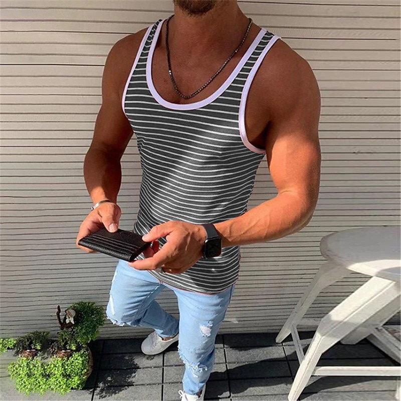 Men's Tank Top Vest Top Undershirt Sleeveless Shirt Sleeveless Crew Neck Summer Striped Fashion Lightweight Breathable Outdoor Street Casual Red Blue Green Top Tee for Men3