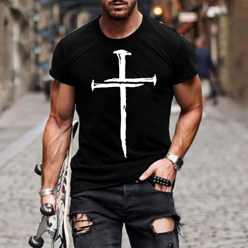 Men's Casual Short Sleeve Graphic T-Shirt with Beige Nail Cross Faith Design