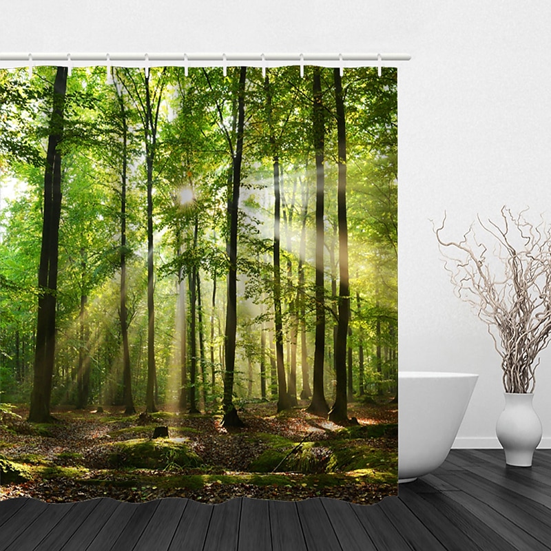 Shower Curtain with Hooks 180cm*180cm(70"*70") Polyester Washable Waterproof Sunshine Forest Landscape Pattern2